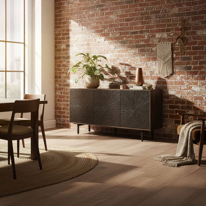 64 Inch Cosmo TV Stand Console, 3-Door Cabinet, Dark Walnut Brown & Black Mango Wood