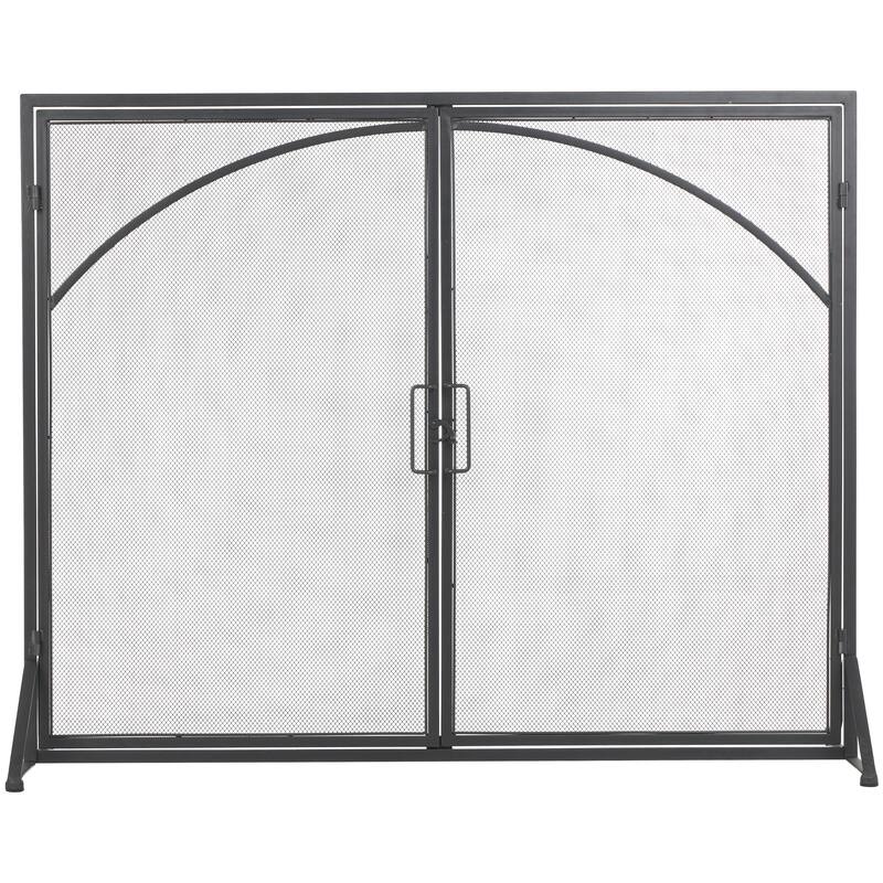 Black Metal Minimalistic Single Panel Fireplace Screen with Arch Inspired Doors and Handles