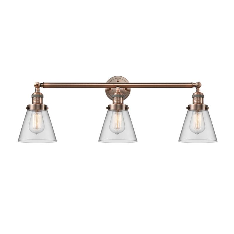 Innovations Lighting Small Cone 3 Light 30" Wide Bathroom Vanity Light - Antique Copper / Clear