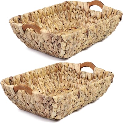 2pcs Hand-Woven Wicker Storage Baskets with Handle 14.5"x10.5"x4" Natural Brown - 14.5" X 10.5" X 4"