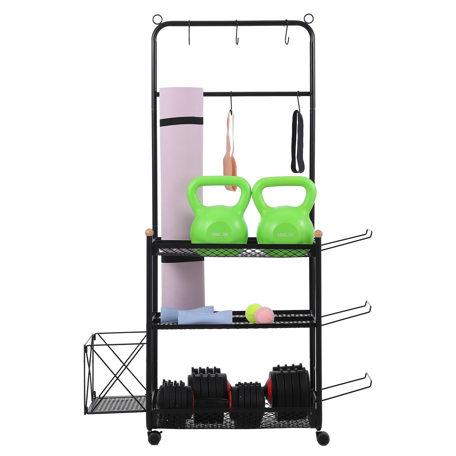 Yoga Mat Storage Racks With Hooks And Wheels, 3 Tier Movable