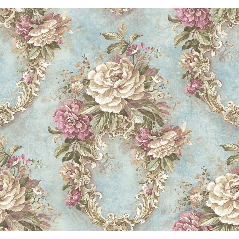 Seabrook Designs Euclid Floral Frame Unpasted Wallpaper - 27 in. W x 27 ft. L bolt 60.75 sq. ft. - Metallic Spearmint & Eggshell