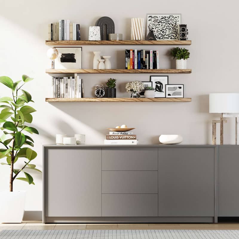 Wallniture Bois Wood Board 60" Long, 11.25'' Deep, 1.5" Thick, Hidden Bracket Shelf, Floating Bookshelf, Wall Decor, Burnt, 1Pc - Brown