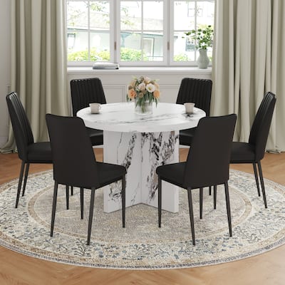 Modern Style 7-piece Dining Set with Round Marble Texture Table and 6 PU Upholstered Chairs