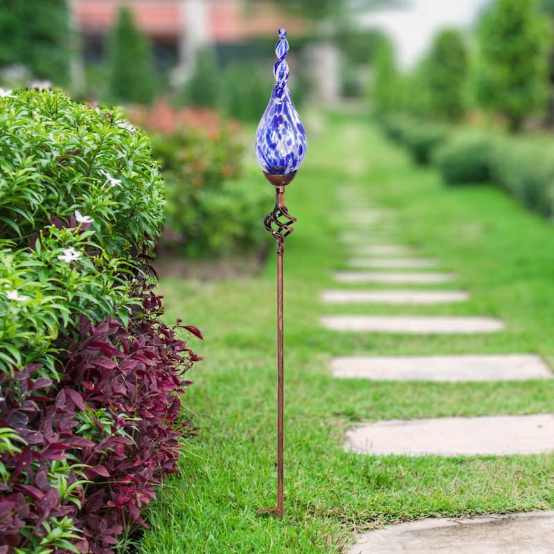 Exhart Solar Pearlized Hand Blown Glass Twisted Flame Garden Stake with Metal Finial Detail, 36 Inch