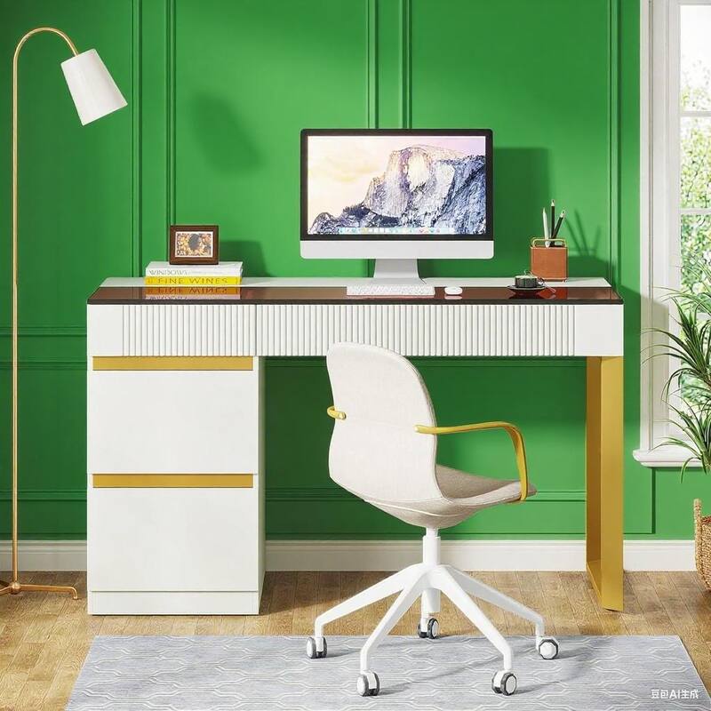 Glass Top Computer Desk with Four Drawers White and Gold Frame Modern Office Table with Storage for Home Workspace