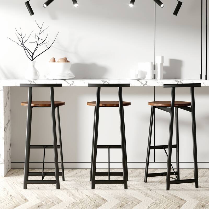 Set of 3 Counter Height Bar Stools with Back, Armless Dining Chairs for Kitchen Island - Black & Walnut Brown