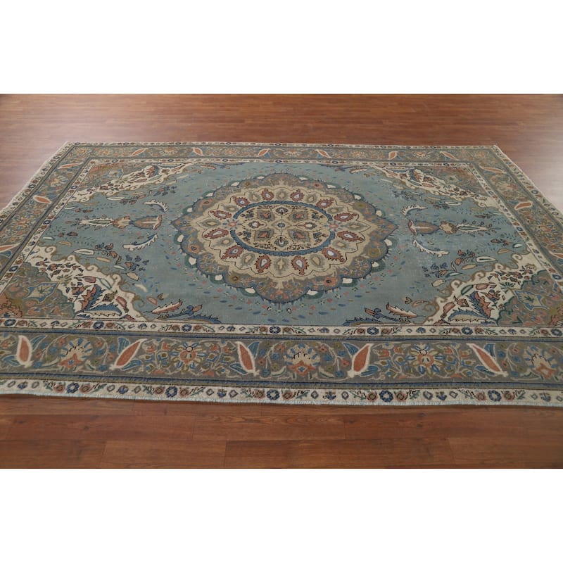 Blue Tabriz Vintage Persian Area Rug Handmade Traditional Wool Carpet - 6'4" x 9'5"