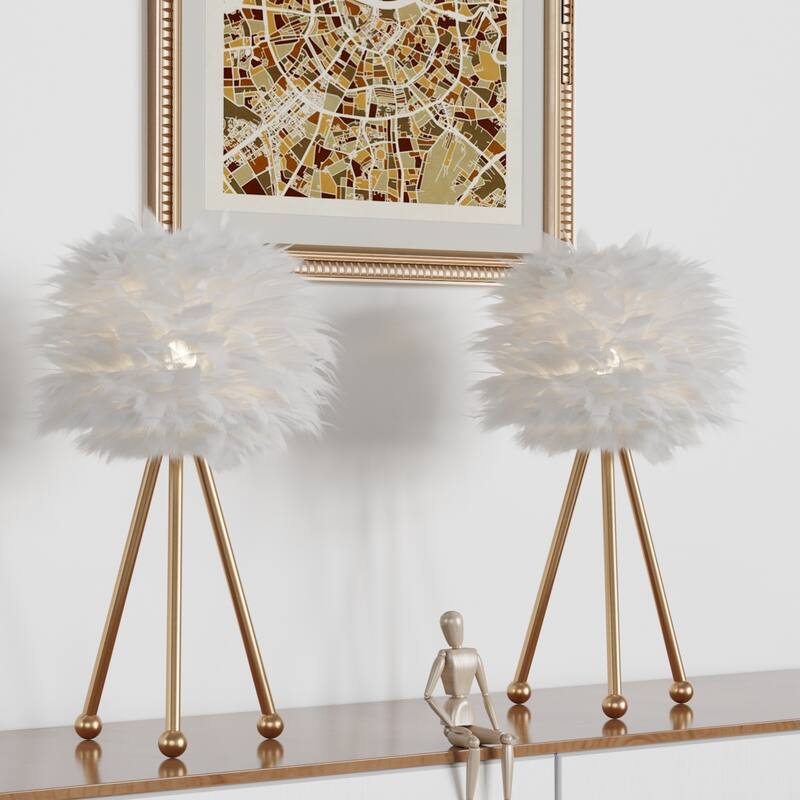 19" Tripod Feather Shade Table Lamp Set (Set of 2)