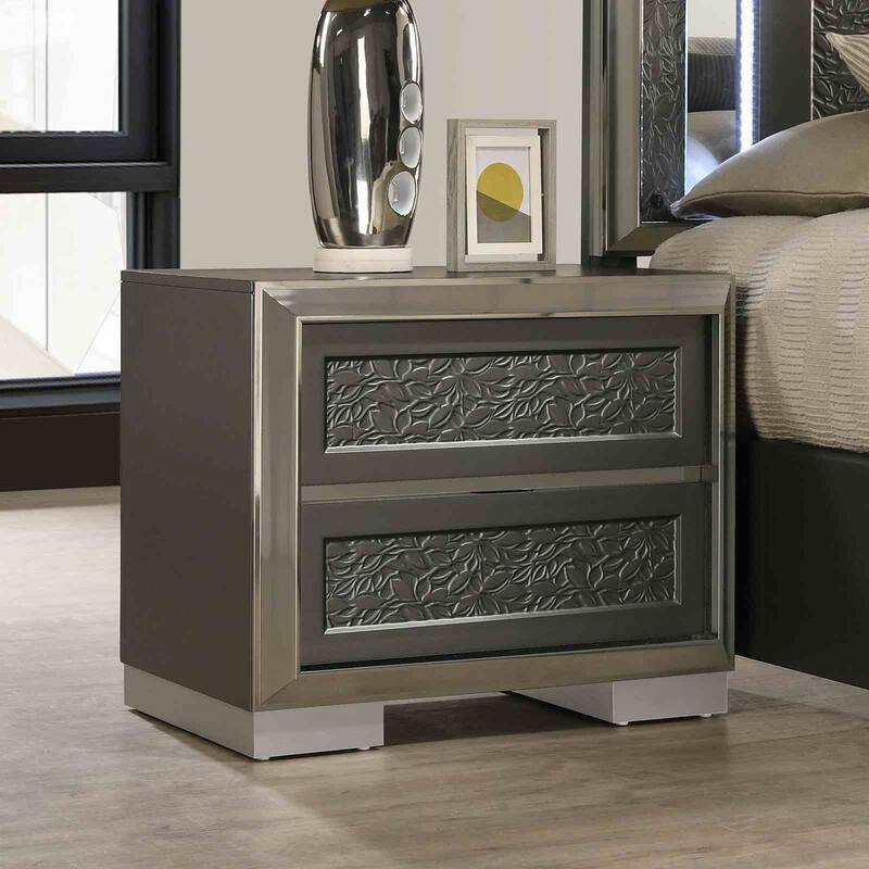 Contemporary Nightstand - Dark Gray Finish with Leaf Pattern Molding & Bracketed Feet