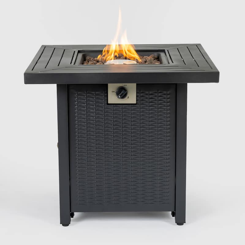 Anmytek Propane Fire Pit Table Outdoor Wicker Style Patio Heater with Lava Rocks Black Backyard Deck