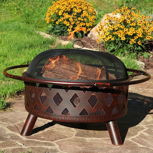Sunnydaze Bronze Crossweave Wood Burning Fire Pit with Spark Screen - 30-Inch