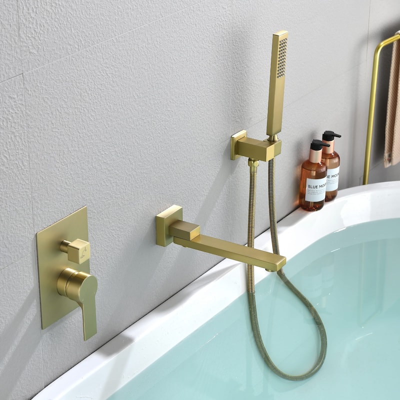 Wall Mounted Tub Faucet With Handshower Single Handle Bathroom Roman Bathtub Faucets Modern Tub Filler Trim With Handheld - Brushed Gold