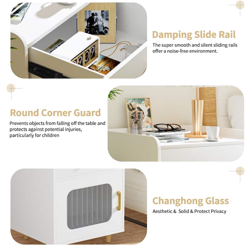White Wooden Nightstand End Table w Drawer and Glass Door for Bedroom
