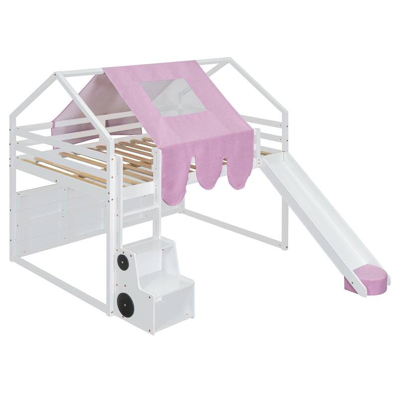 House-Shaped Wooden Loft Bed with Tent, Slide & Storage - Twin/Full Size in White & Pink