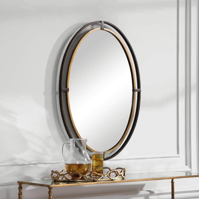 Porch & Den Rustic Bronze and Gold Metal Framed Oval Wall Mirror