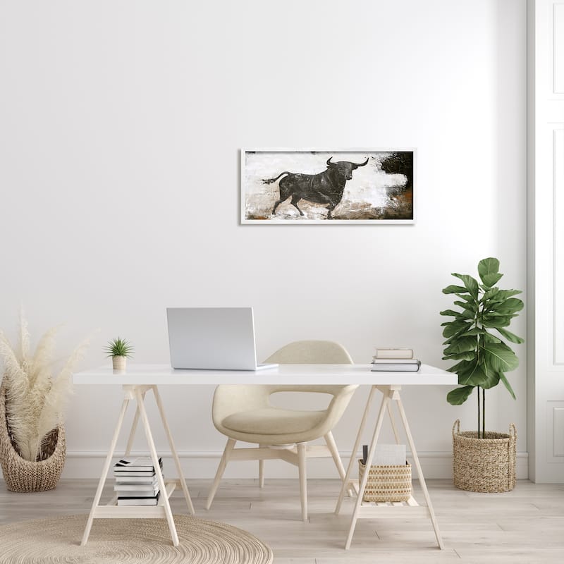 Stupell Rustic Running Bull Abstract Animal Painting Wild Cattle Framed Wall Art - Off-White