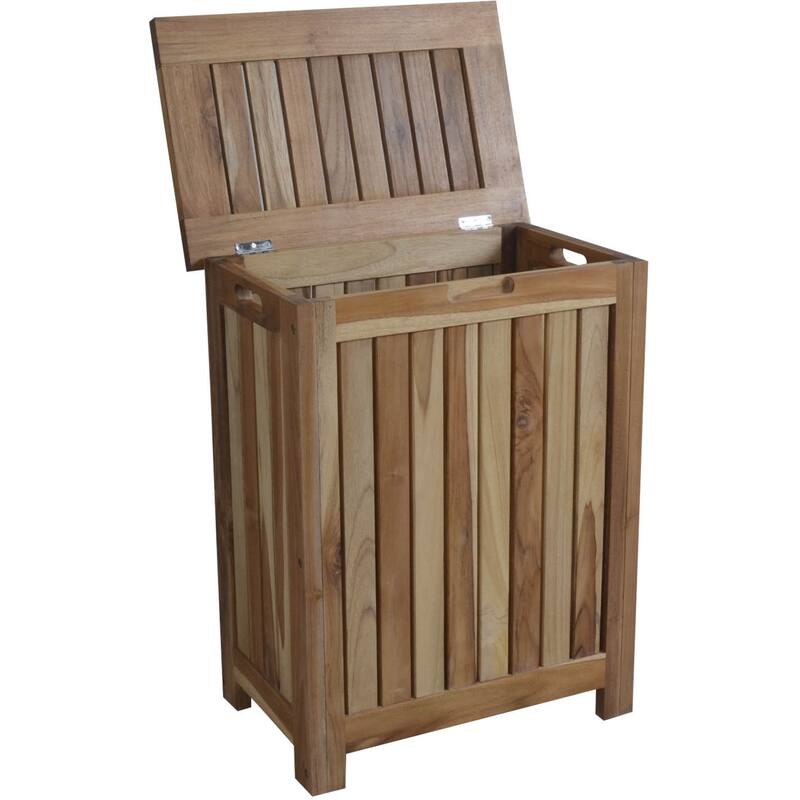 Contemporary Brown Wood Laundry Hamper with Removable Bag Durable Teak Slatted Design - 20" x 13" x 26