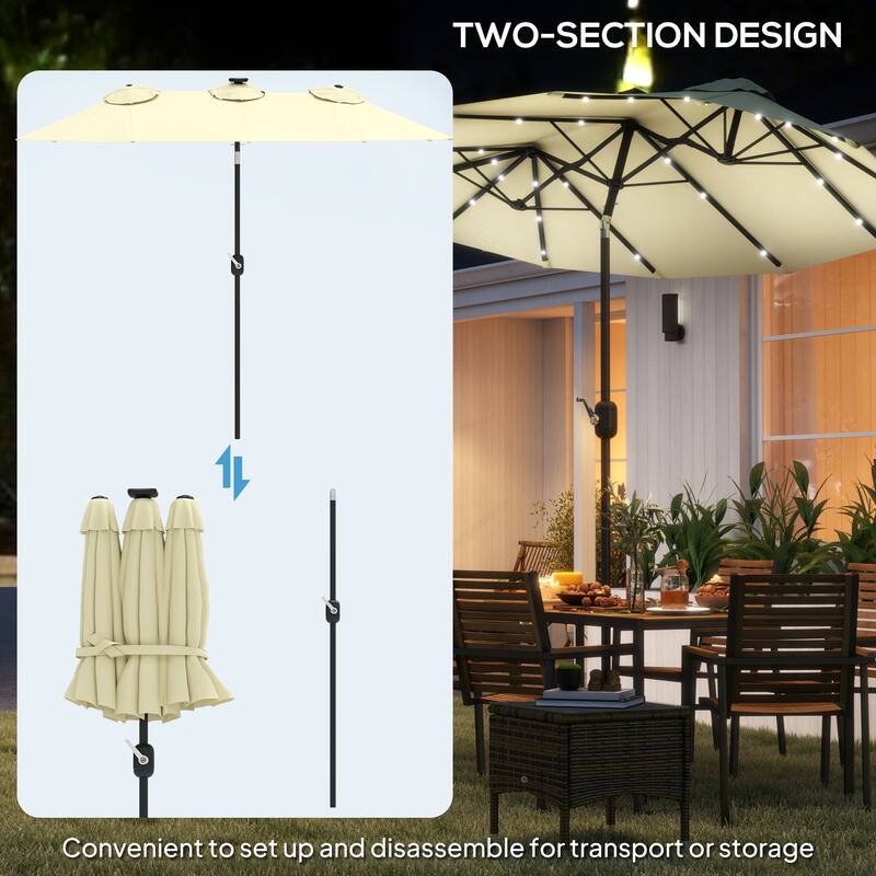 Cream White Solar-Powered LED Patio Umbrella with 12-Rib Vented Design and Easy Crank Operation - 116.5" L x 59.1" W x 89.4" H