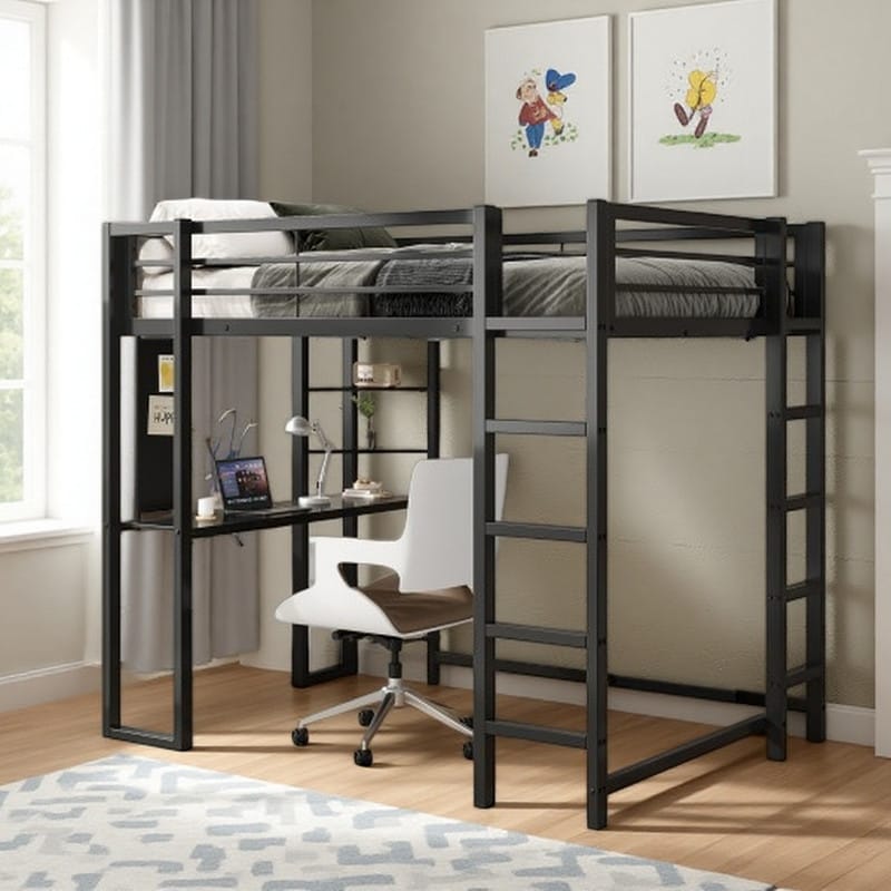 Full Size Metal Loft Bed with Desk and Storage Shelves, Space-Saving Loft Bed Frame with Under-Bed Workstation, Built-in Ladder