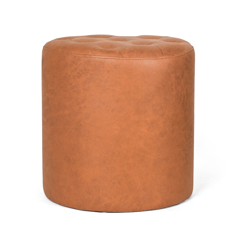 Adeco Round Ottoman Upholstered Tufted Faux Leather Footrest