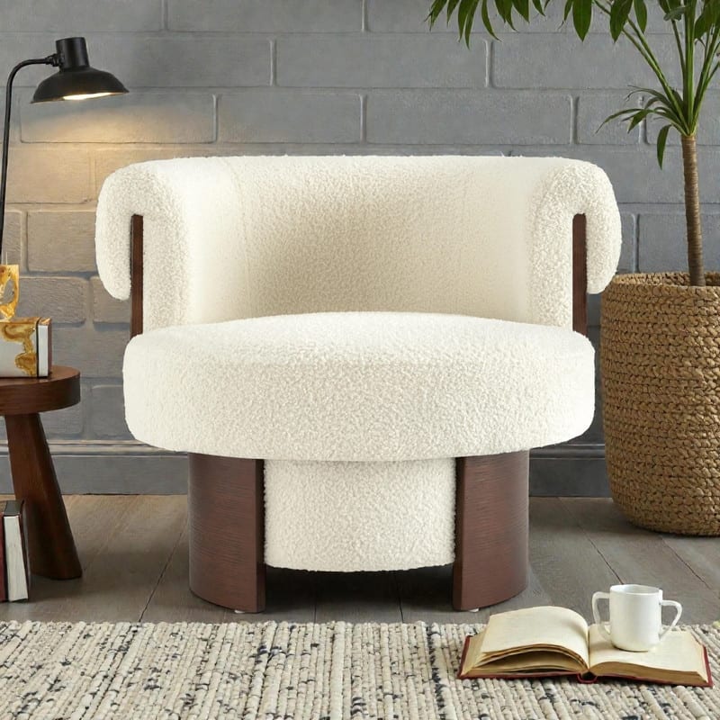 Modern 32'' Curved Sculptural Swivel Barrel Chair, 360° Swivel Base, Upholstered Accent Chair