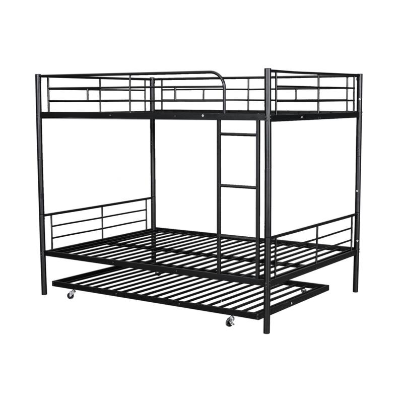 Metal Bunk Bed with Trundle and Guardrail, Convertible to Two Beds