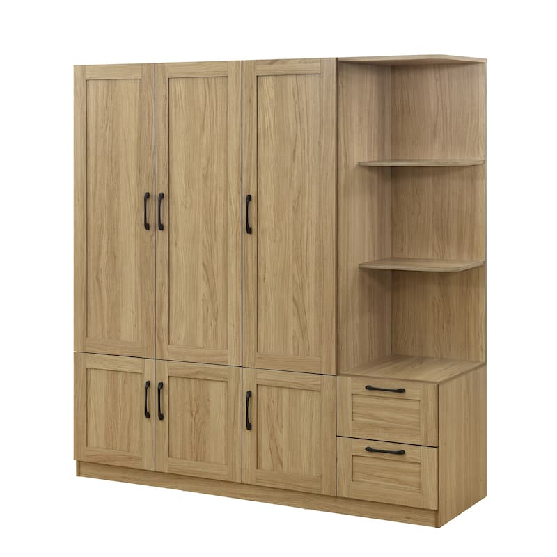 3 Doors Armoire Wardrobe Closet with 3 Side Shelves 2 Drawers, Wooden Bedroom Armoires with Hanging Rod for Bedroom