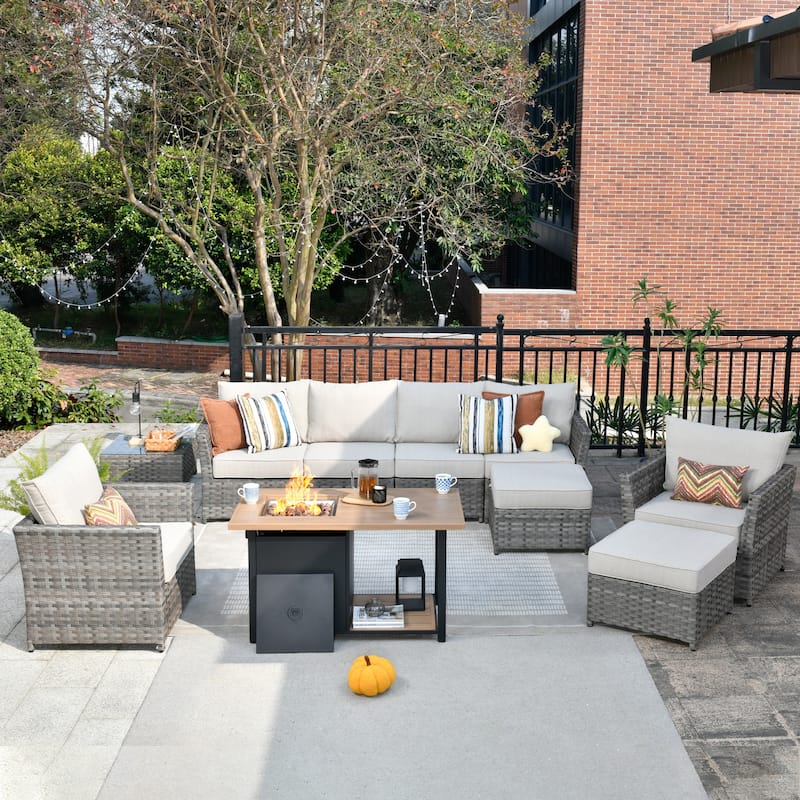HOOOWOOO 10-piece Grey Wicker Patio Outdoor Furniture Set with Fire Pit - Beige