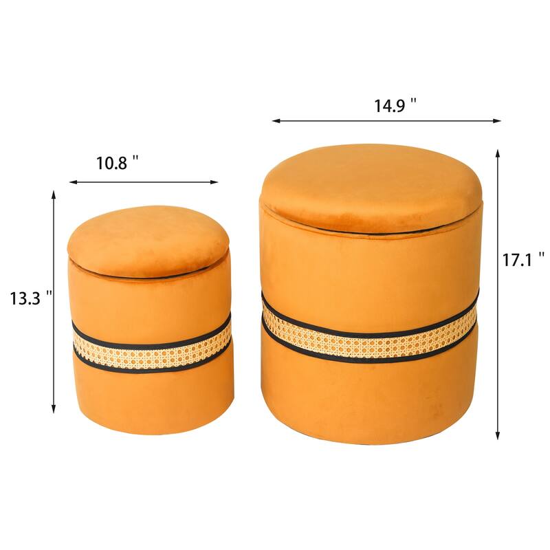 Adeco Set of 2 Velvet Storage Ottoman Round Foot Stool Metal Band