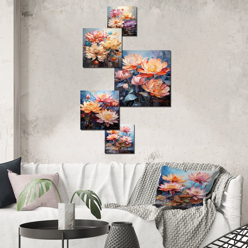 Designart "Colorful Lotus Blooms Abstraction" Lotus Wall Art Set of 5 - Traditional Pink Metal Wall Art Office Room Set