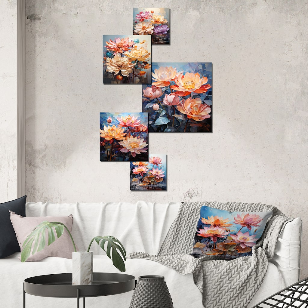 Designart "Colorful Lotus Blooms Abstraction" Lotus Wall Art Set of 5 - Traditional Pink Metal Wall Art Office Room Set