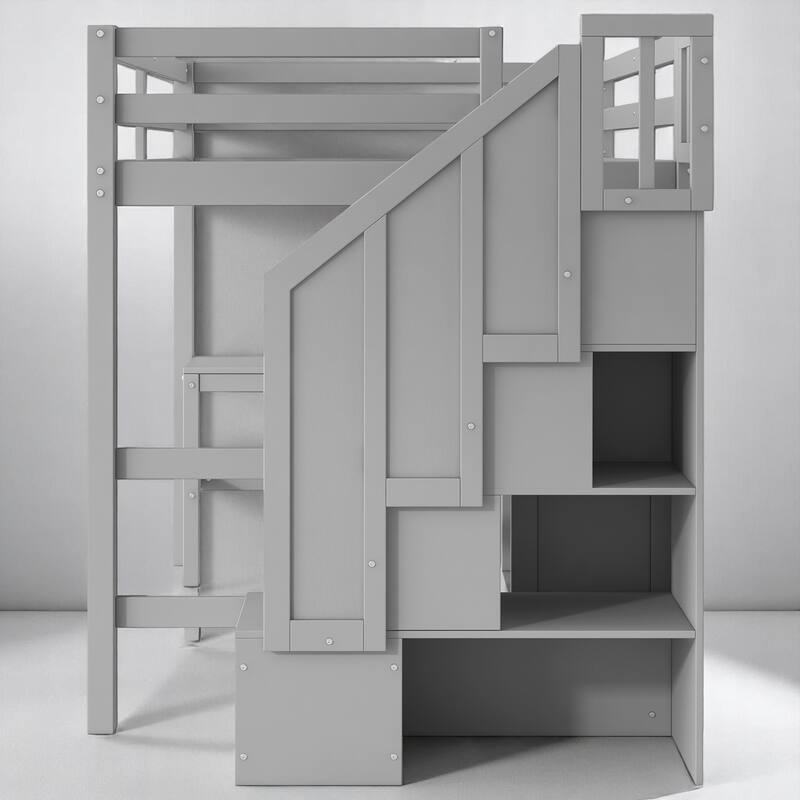 Space-Saving Full Loft Bed with Storage Stairs, Desk, Drawers & Cabinet - Solid Pine & MDF Construction