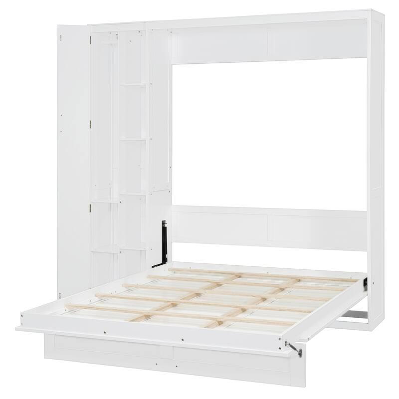 Queen Size Wall Bed with Shelves, Wardrobe, and LED Lights, Space-Saving Design