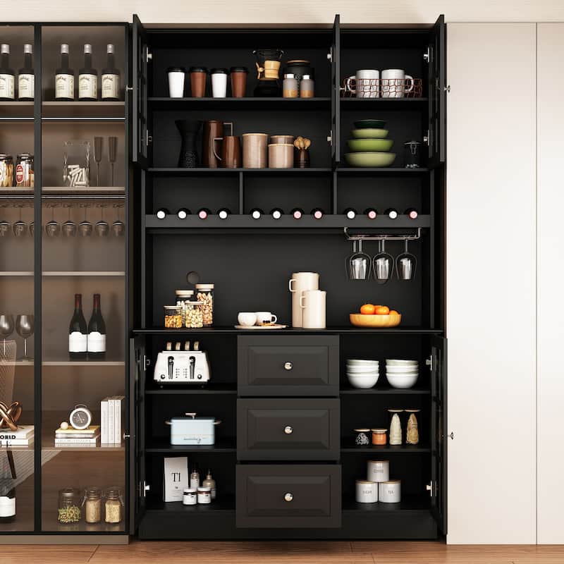 78.9''Pantry Buffet White Buffet with Wine Glass Rack Drawer and Hutch