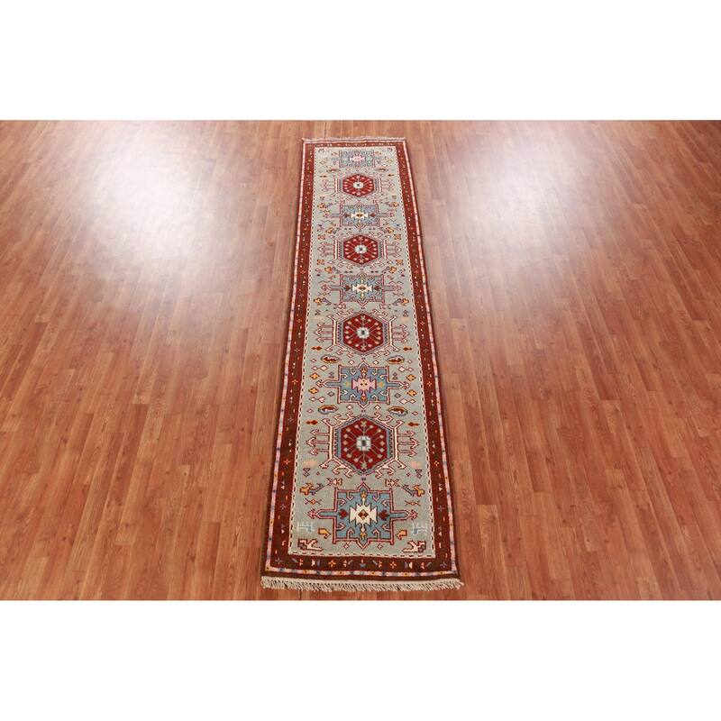 Hand Knotted Oriental 100% Wool Carpet Transitional Geometric Green Khotan Runner Rug - 9' 8'' X 2' 6''