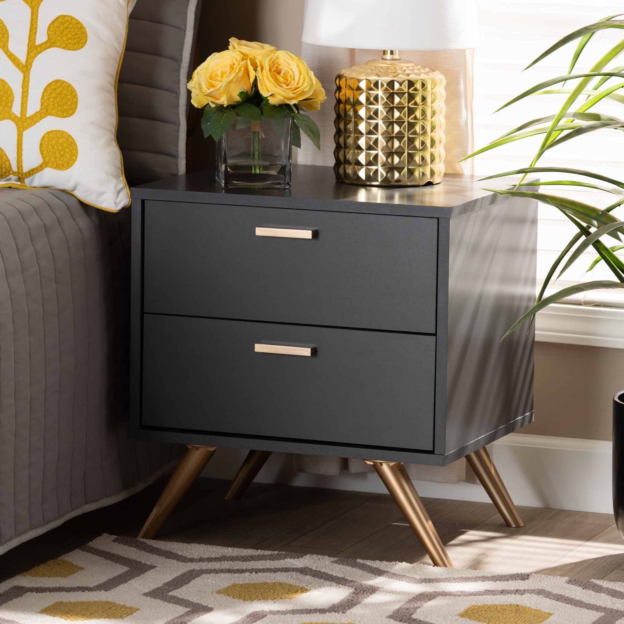 Kelson Modern Dark Grey and Gold Finished Wood 2 Drawer Nightstand