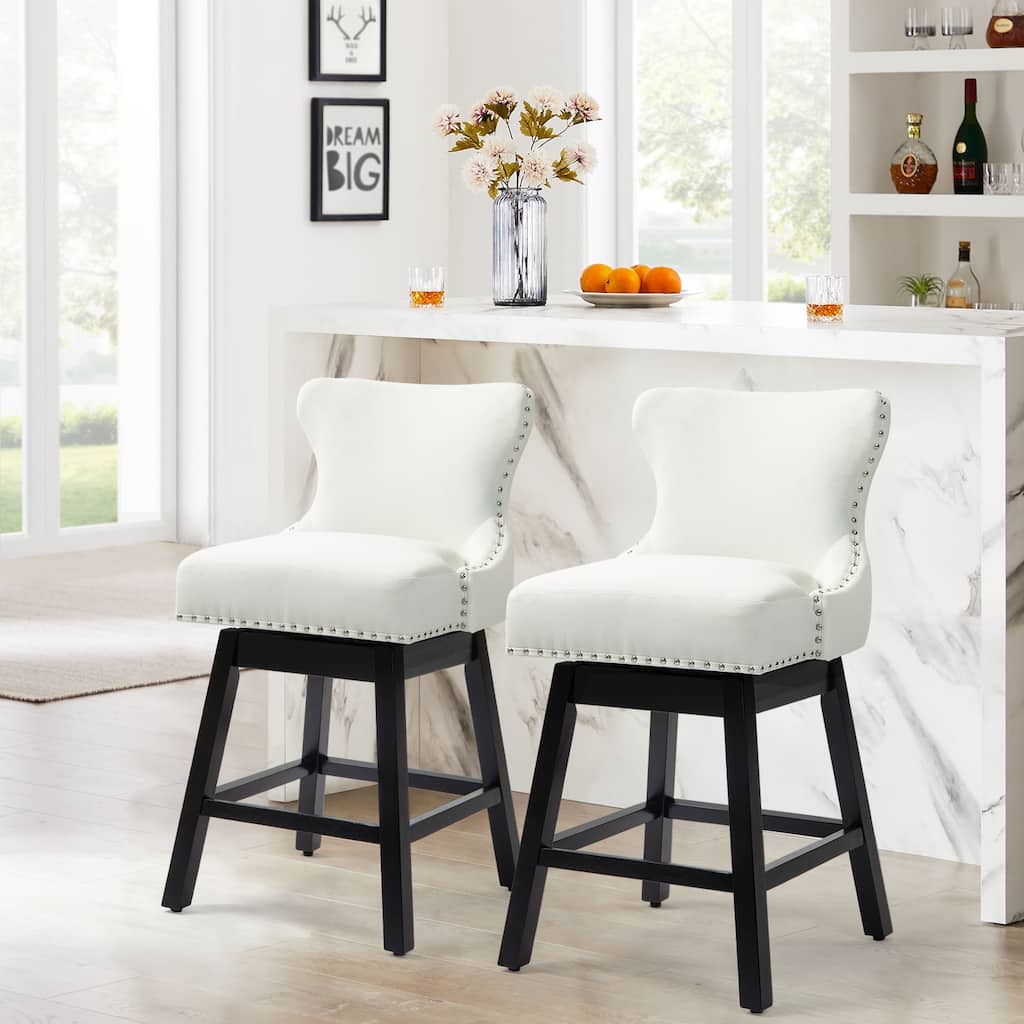 Set of 2 29" Bar Stools – 360° swivel, wood legs, fabric with pull ring, ideal for kitchens, pubs, or cafés