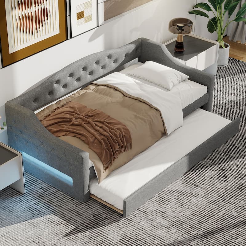 Twin XL Linen Upholstered Daybed with Color-Changing LED Lights and Space-Saving Trundle, Sturdy Frame