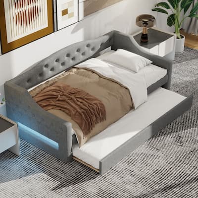 Twin XL Size Daybed, Pull-out Trundle Bed with LED Belt and Slats, Button Backrest Upholstered Platform Bed Frame
