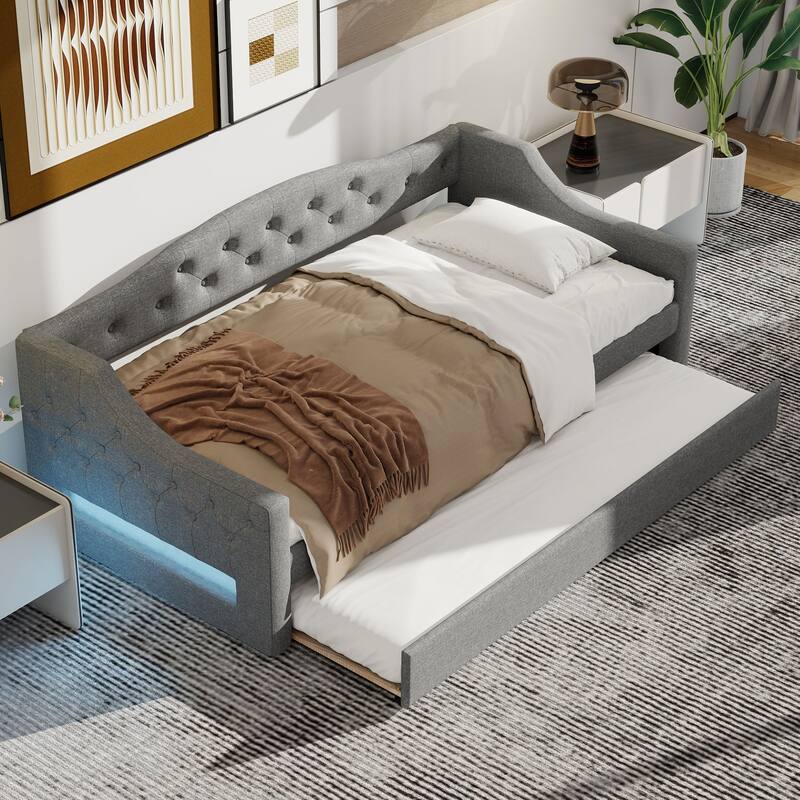 Twin XL Size Linen Daybed with LED Lighting and Hidden Trundle and Upholstered Storage Bed (250lbs Capacity)