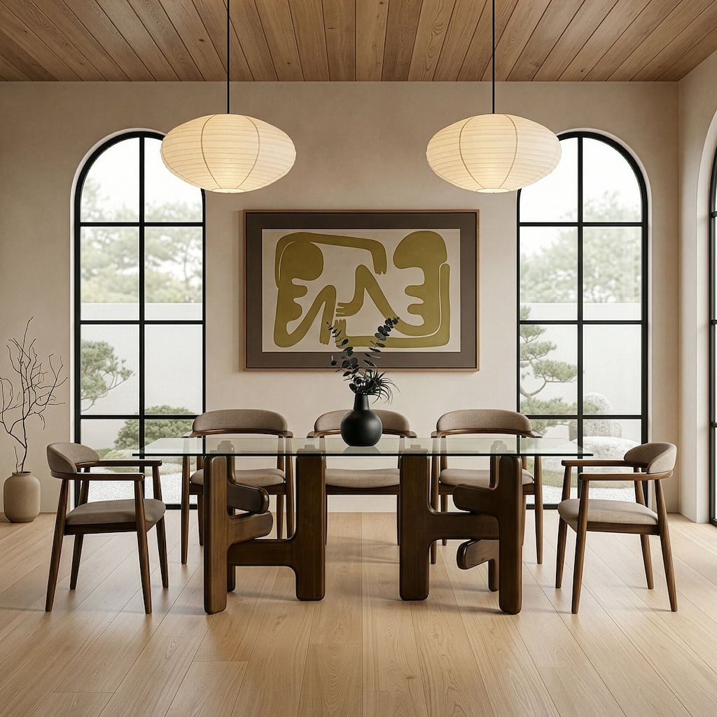 Velshi Modern Glass & Walnut Rectangular Dining Table
