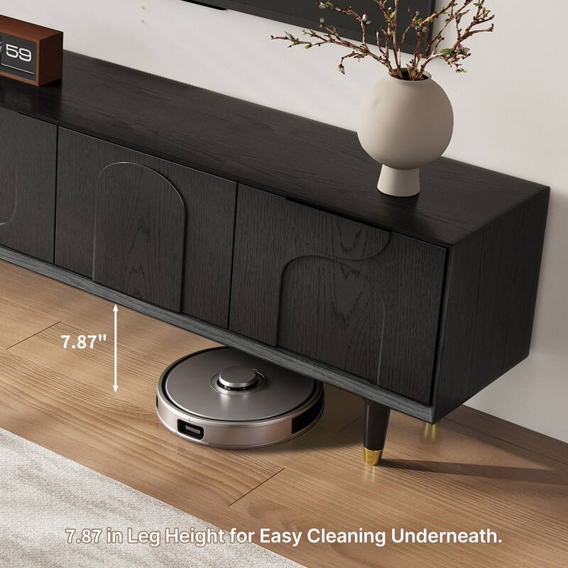 71" Black Mid-Century Modern TV Stand for 75 Inch TV, Media Console Entertainment Center with 4 Doors and Solid Wood Legs