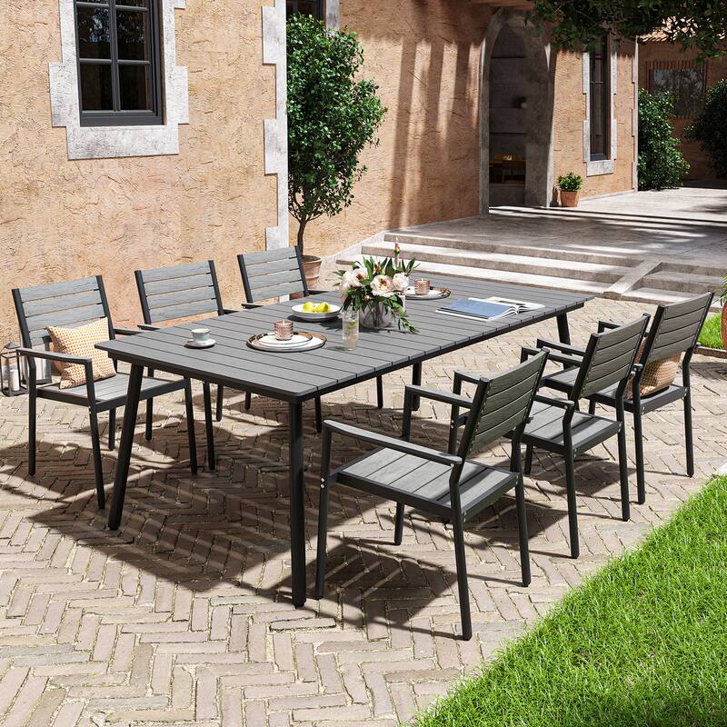 VredHom 7-Pieces Outdoor Aluminum Patio Dining Set with Stackable Chairs - Grey - with Armrest
