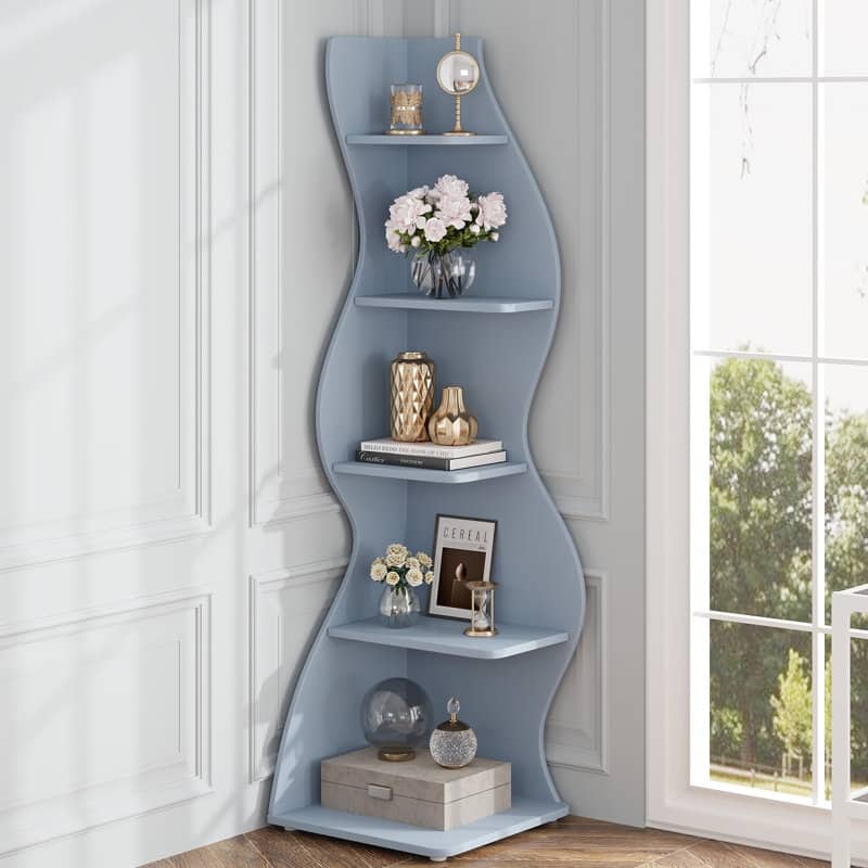 Modern Wood Corner Shelf, 5-Tier Bookshelf Bookcase for Living Room