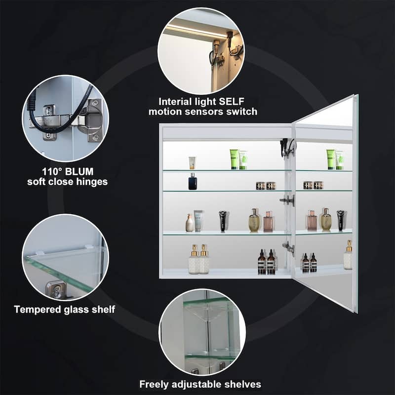 30" H Recessed or Surface LED Mirror Cabinet with Adjustable Glass Shelves,Defogger, Dimmer And Outlets & USB Ports