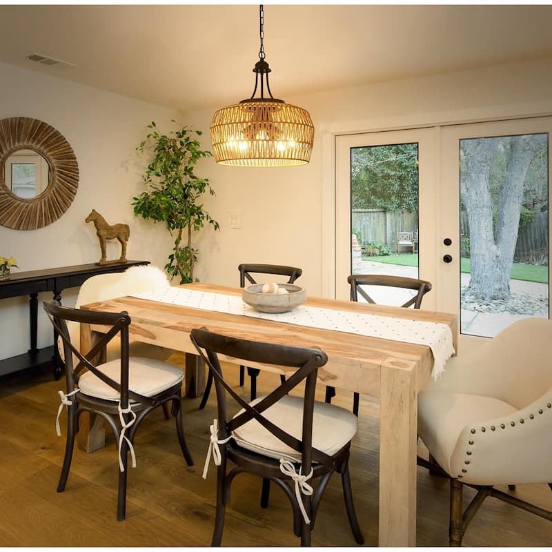 Rattan Chandelier Light Fixture, Hanging Pendant Lighting for Kitchen Island, 5-Light Chandeliers with Wicker Lampshade