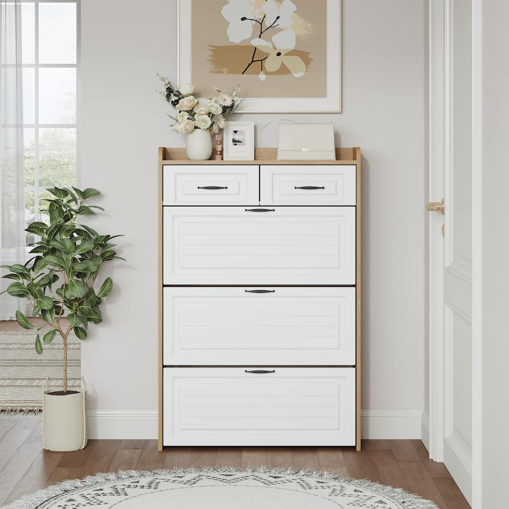 Shoe Cabinet with 3 Doors 2 Drawers, PVC Door with Shape, Large Space for Storage
