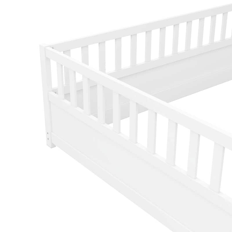 White Full Size Pine Wood Floor Bed, Integral Construction with Super High Security Barrier, Door, Children's Floor Bed Frame