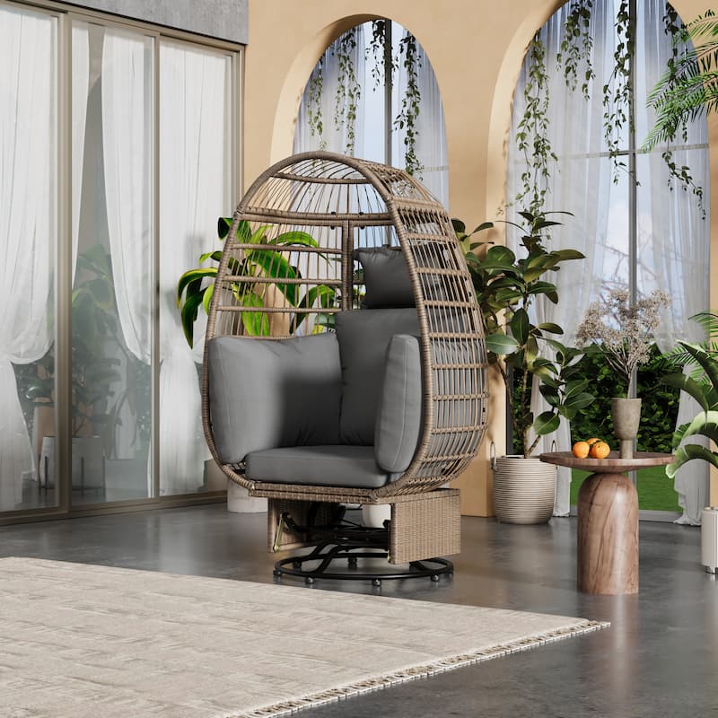 Outdoor Swivel Chair with Cushions, Rattan Egg Patio Chair with Rocking Function for Balcony, Poolside and Garden